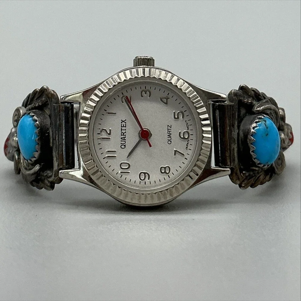 Vtg Quartex Womens Watch 21mm Stamped Sterling Turquoise Coral New Battery